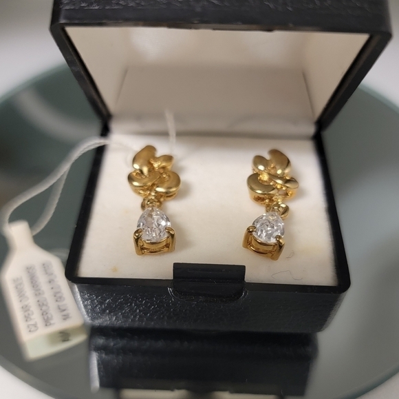 14K gold plated dangle earrings w/ pear shaped CZ VINTAGE - Picture 3 of 8